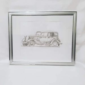 Framed Pencil Drawing Of An Antique Old Car